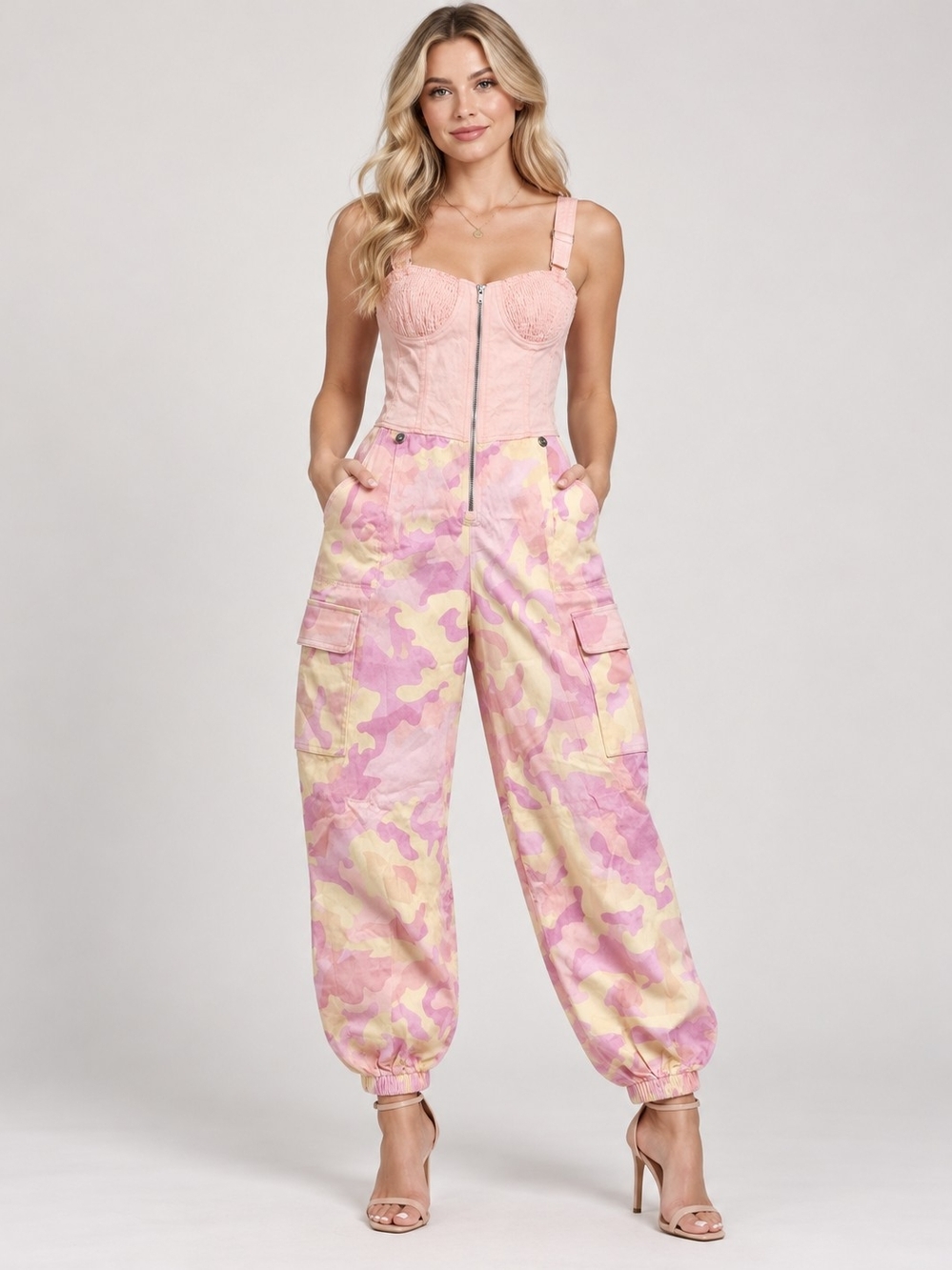 NWT Pink Camouflage Cargo Pockets Front Zip Stretch Jumpsuit Corset Bodice Sz XS